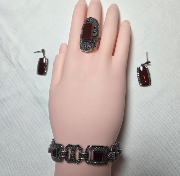 Old Silver 925 Jewelry Set,Carnelian Stone,Marcasite.Ring Size8. - Picture 10 of 10
